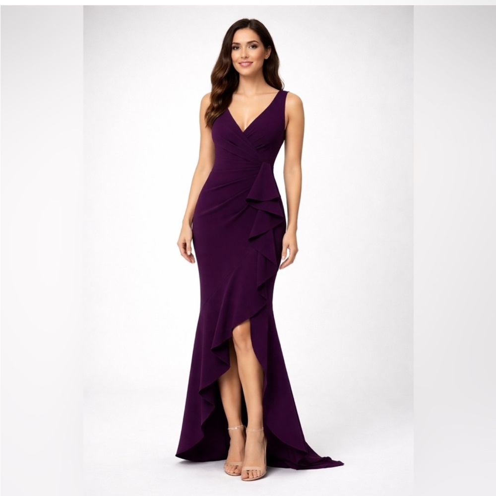 Betsy & Adam Purple Crepe Ruffle Formal Gown Size 8 NWT GALA Evening Maxi MOB